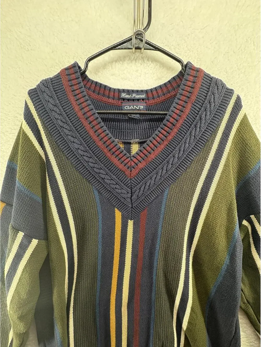 Vintage Cricket Cable Knit Sweater Mens XL Hand Framed Stripe 90s Preppy V Neck